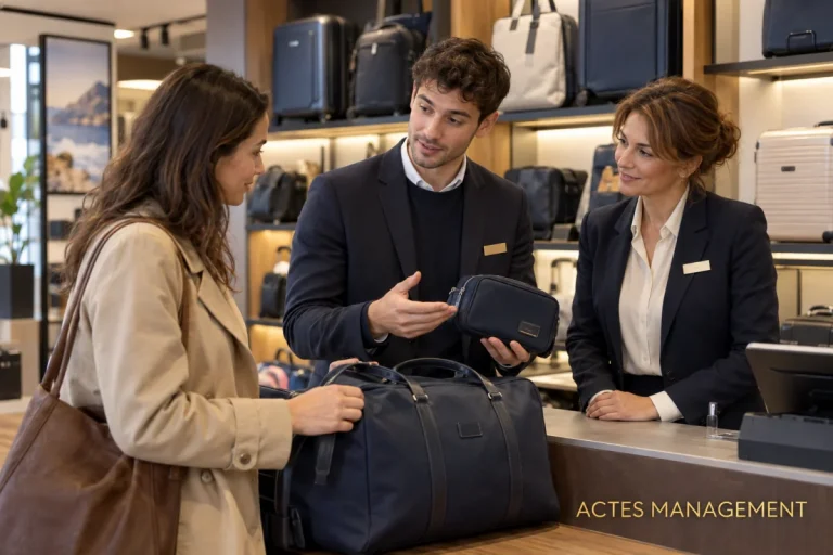 Un conseiller propose un accessoire complémentaire adapté au besoin d’une cliente en boutique.
